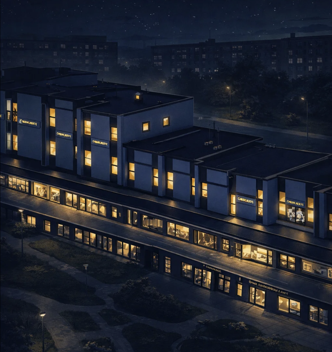 Obchodní centrum Bohemia Chomutov – ilustrovaný letecký pohled na budovu a okolní parkoviště